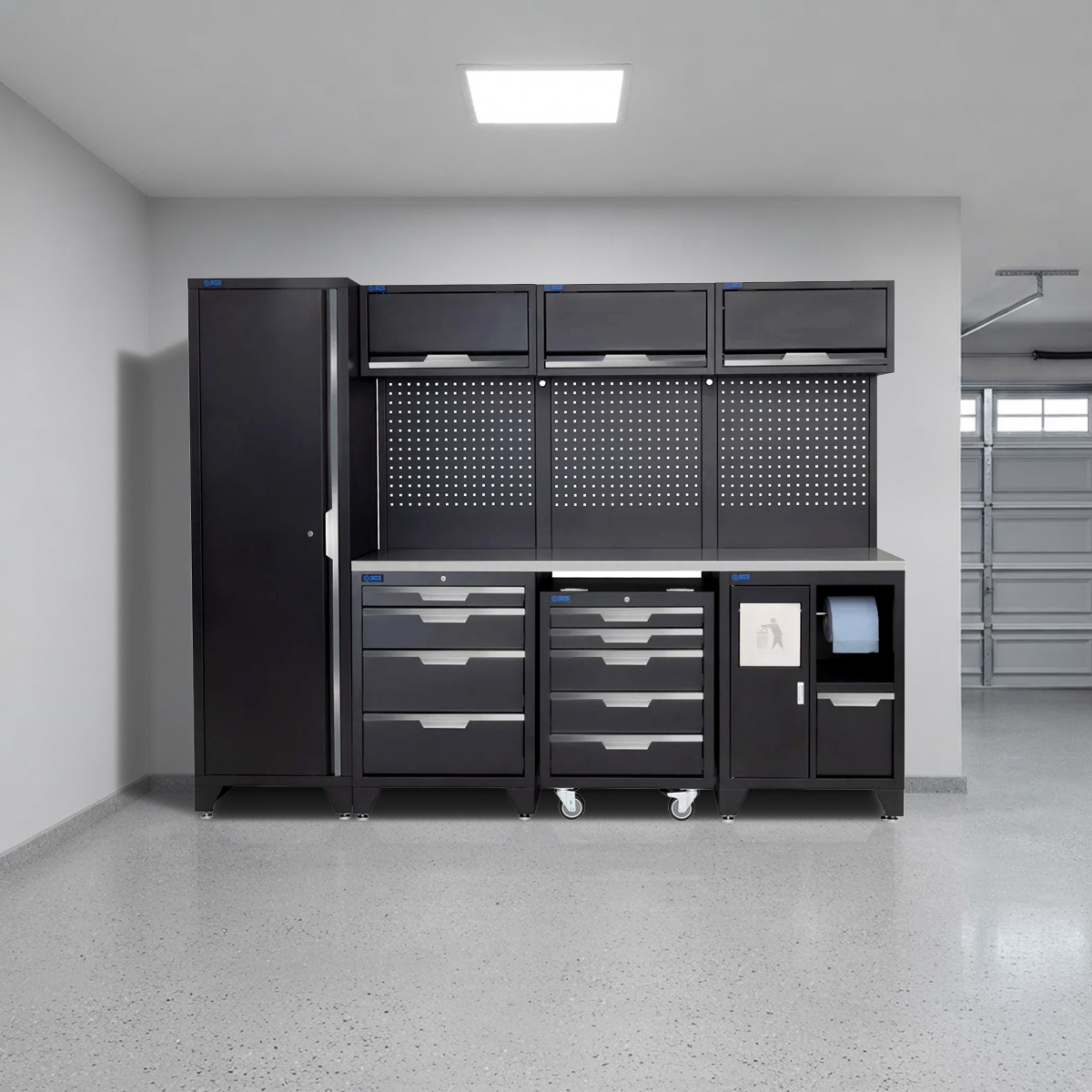 SGS 10pc Modular Garage Storage | 9 Drawers | Stainless Steel Worktop | Tall Single Cabinet | Bin Unit | Mobile Cabinet | 3x Upper Cabinets